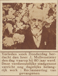 870588 Portret van J.C.E. Mullemeister (M.H. Trompstraat 30) te Utrecht, oud-directeur van het Rijksopvoedingsgesticht, ...